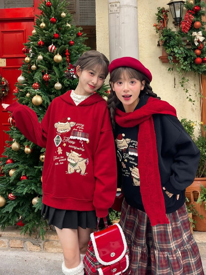 Christmas Red Cute Reindeer Appliques Thick Hoodie