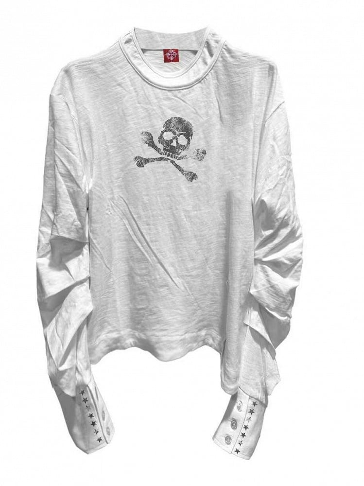 White Double Neckline Skull Star Print Long Sleeve Punk Top - DETW OnLine