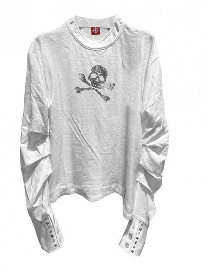 White Double Neckline Skull Star Print Long Sleeve Punk Top - DETW OnLine
