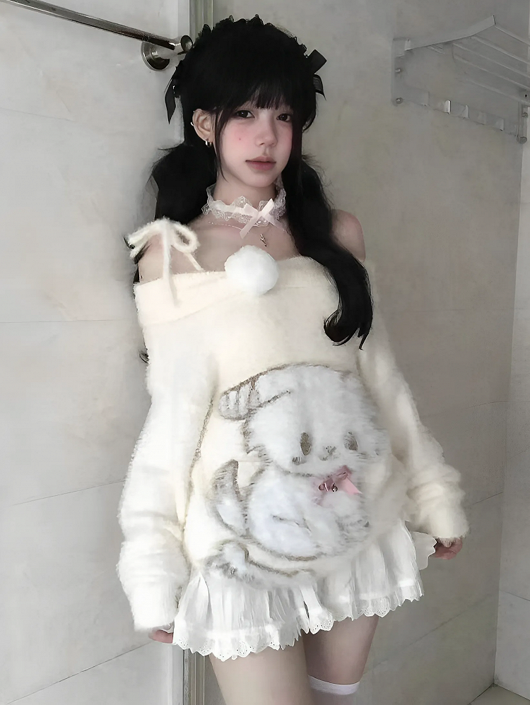 with Plush Pink Sweater Bow Off-Shoulder Beige Kawaii Puppy Details Bell