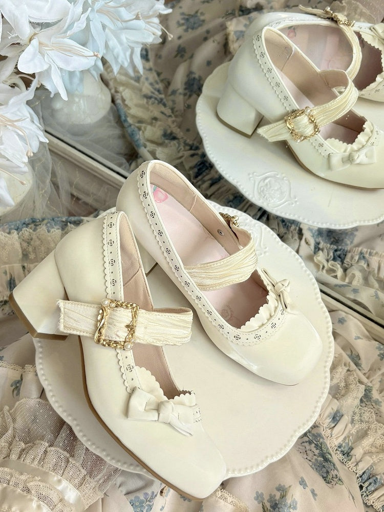 Mary Straps - White Janes Low/Mid Cutouts Elegant Lolita Pleated with Heel PU Floral