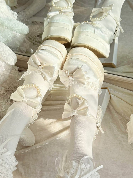 White Platform Round Toe Shoes with Pearl Chain & Lace Bow Accent 12cm Heels - Witch's Night
