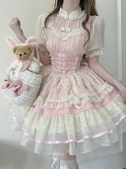 Lolita Sweet Button Chinoiserie Trim Ballet-Inspired Frog JSK Pink Dress Lace