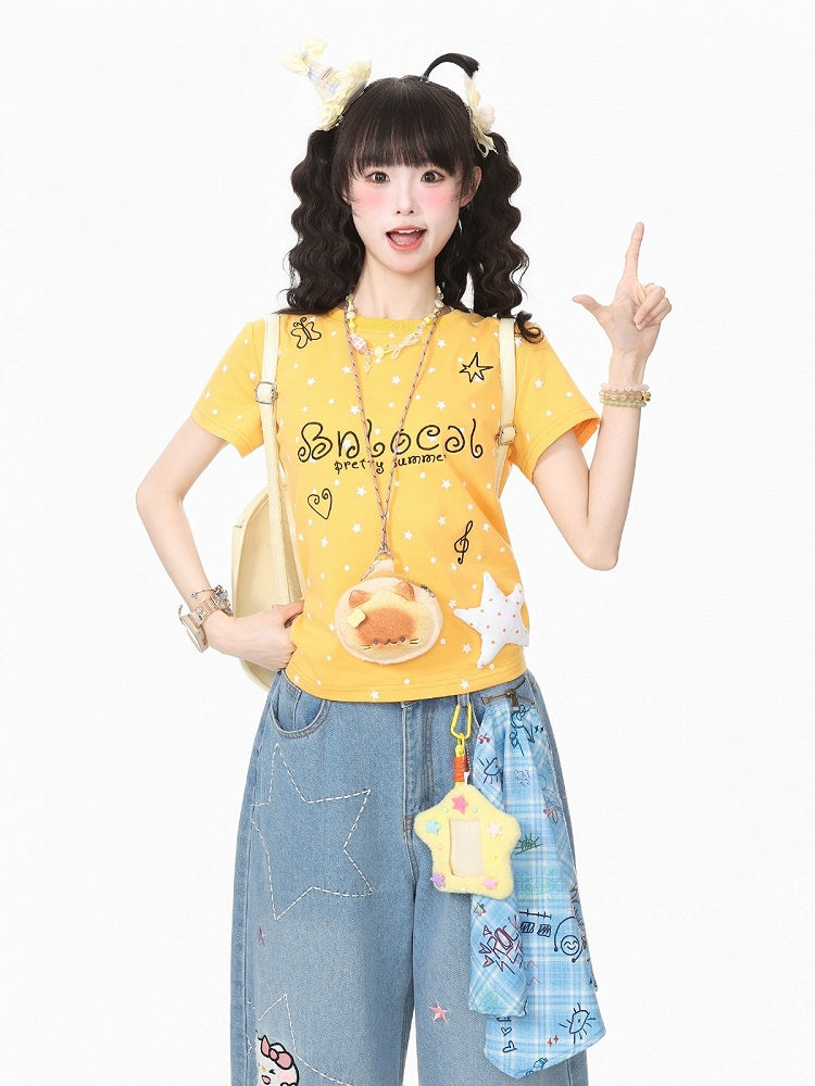 Yellow Daily Kawaii Star Print Crew Neck Short Sleeve T-Shirt with 3D Star Decoration - Languid Park