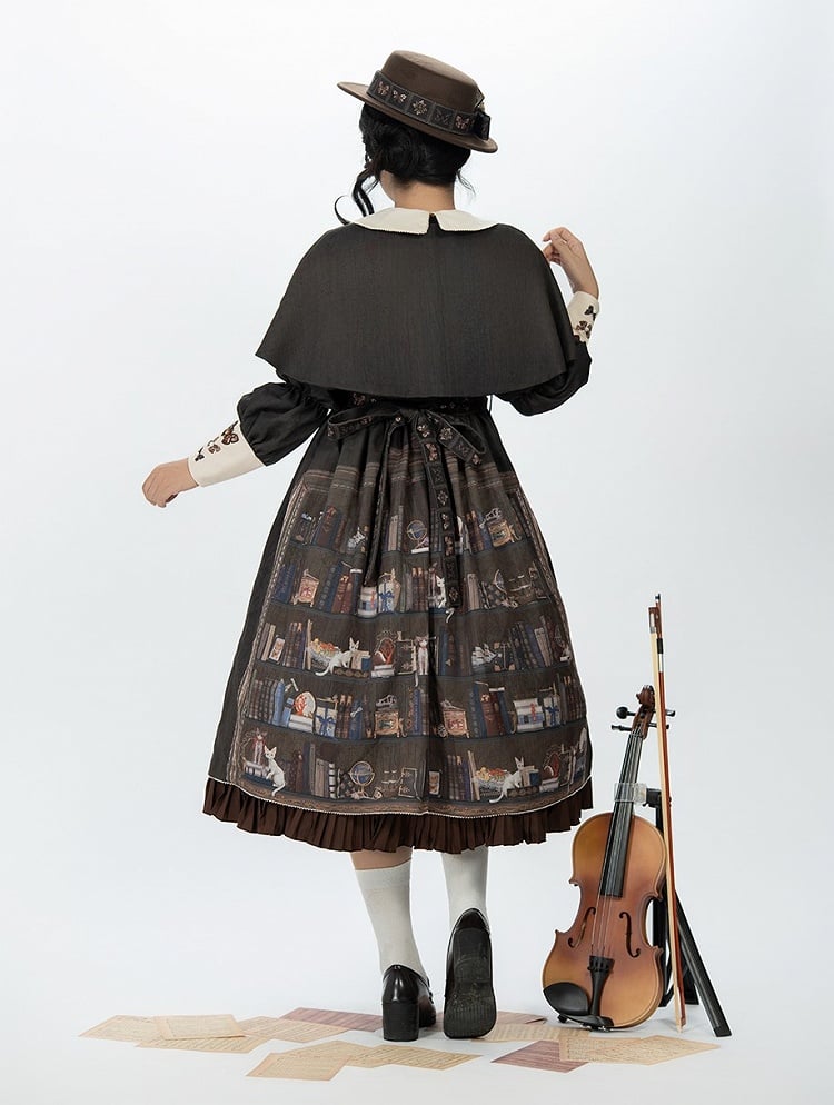 Dark Brown Bookshelf Print Long Sleeve Lolita Dress Cape - Miss Point
