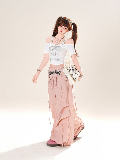 ネックライン ハートプリント クロップド オフショルダー Tシャツ ホワイト