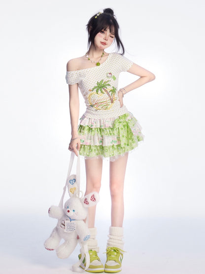 Y2K Grüner Stufenrock mit großer Schleife und elastischer Taille