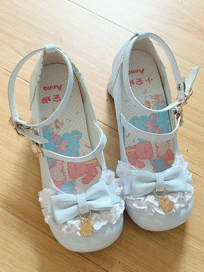 Bow Round Cute - Pumps Lolita Toe Mid-heel Pudding Decor Jane Heel Mary with Shoes Blue Shape Sweet