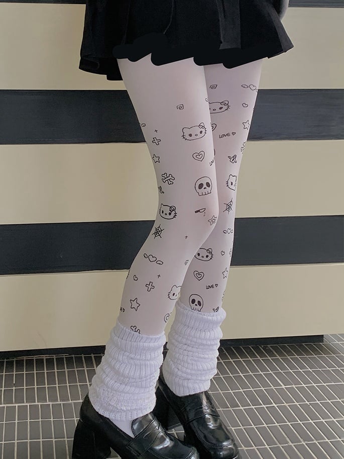 ホワイトのスイートキティハートスタープリントカートゥーンタイツ