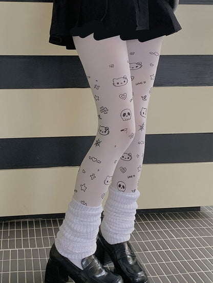 ホワイトのスイートキティハートスタープリントカートゥーンタイツ