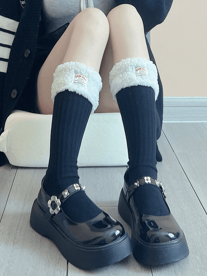 ホワイト/ブラック スイートプラッシュカーフソックス