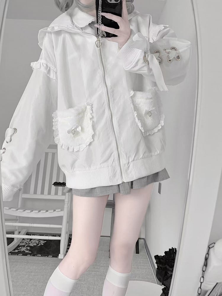 White Jirai Kei Plush Bunny Ear Jacket with Sleeve Lace-Up Detail & Decorative Crossed Pins Back