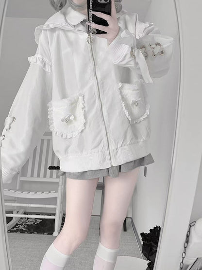 White Jirai Kei Plush Bunny Ear Jacket with Sleeve Lace-Up Detail & Decorative Crossed Pins Back