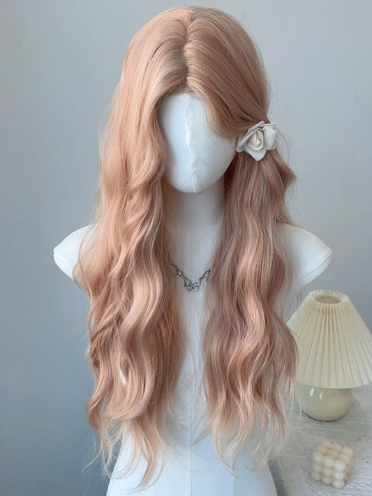 Rosa-blonde, hüftlange, gewellte Kunsthaarperücke