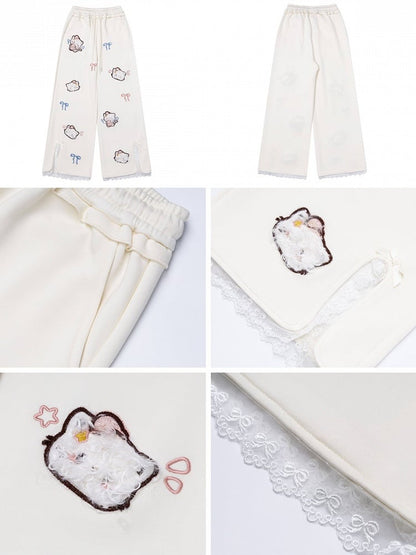 Plush Kitty Embroidery Apricot Straight Leg Pants with Slit & Lace Details - CRAZY GIRL