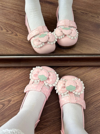 Leather Flat Strap Shoes - Lolita Closures PU T-Velcro Pink