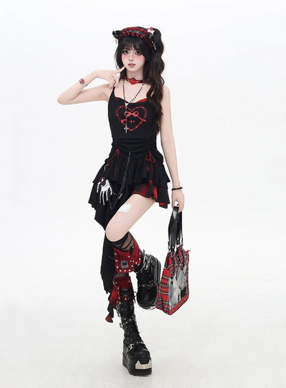 Cami Kleid Rock Rot und Schwarz Plaid Kordelzug Taille Taschentuch Saum Stufen