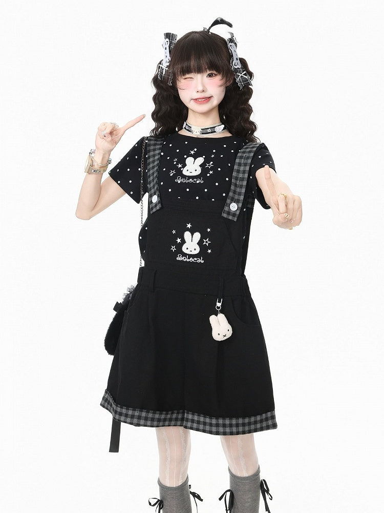 Black Plaid Overall Shorts with Bunny Embroidery - Languid Park
