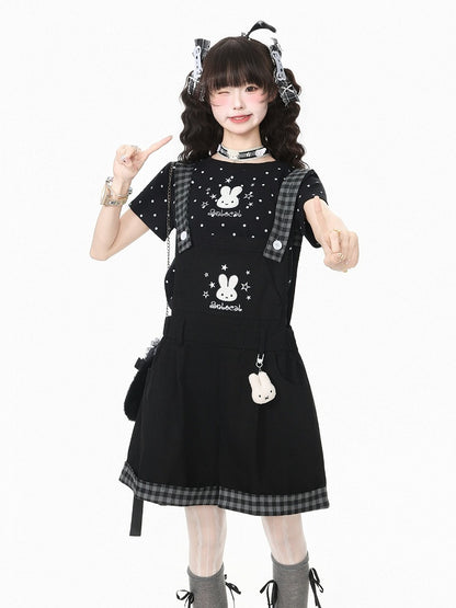 Black Plaid Overall Shorts with Bunny Embroidery - Languid Park