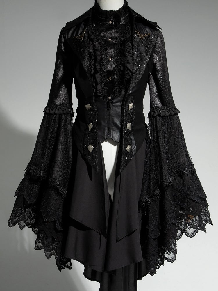 Lolita Ouji All Sleeves Tail Set Fashion Long Bell - Hemd + Weste Schwarz Gothic