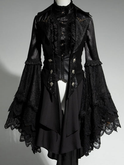 Lolita Ouji All Sleeves Tail Set Fashion Long Bell - Hemd + Weste Schwarz Gothic