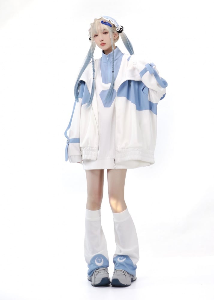 Light Blue and White Zip Up Front Jacket Long Sleeves Tenshi Kaiwai Sweatershirt