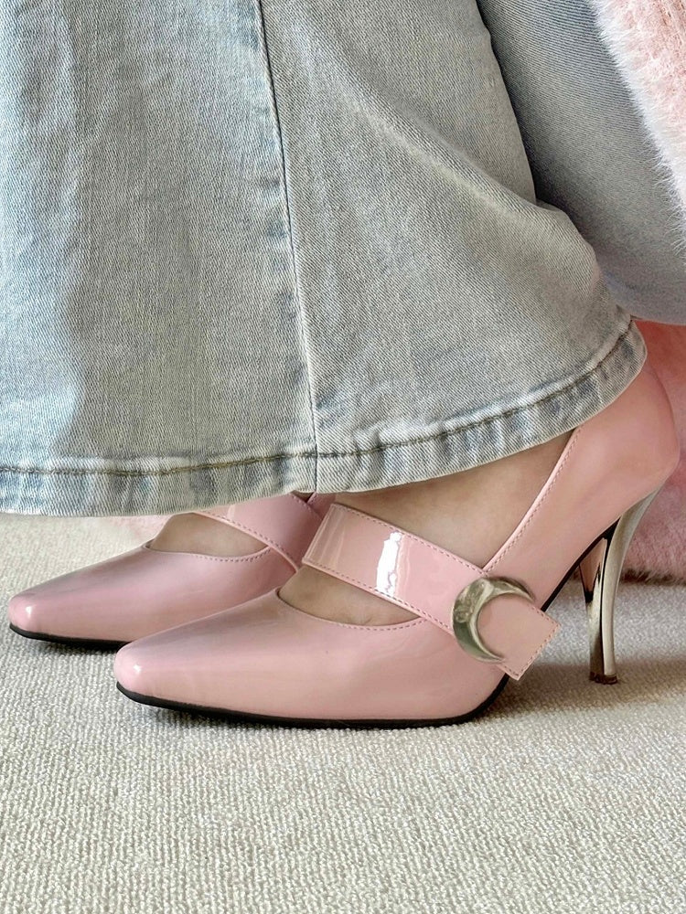 Absätze an der Spitze, hoher Mond, Knöchel, eleganter Klettverschluss, rosa Schnürung + spitze Verschlüsse – Lolita-Akzent