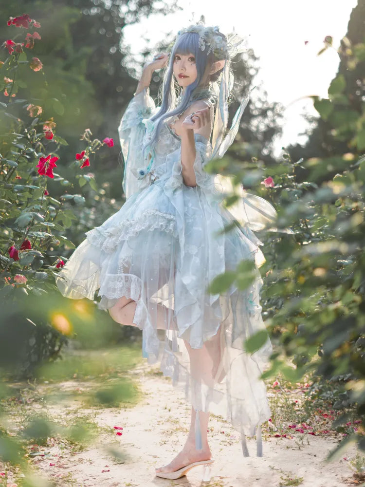 Volles leichtes Schmetterlingskleid Lolita JSK Blaues Design-Set Floral Fairy Princess