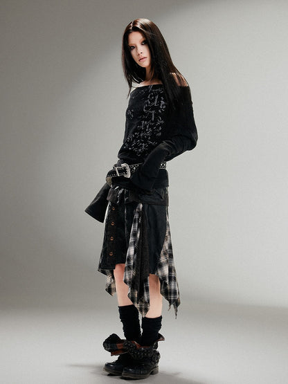 Vintage Print Totem Knit Off-Shoulder Punk Black Top Loose Fit