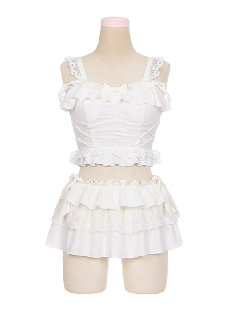 詳細 ティアードトリム ホワイト リボンフリルスカート + トップ 水着