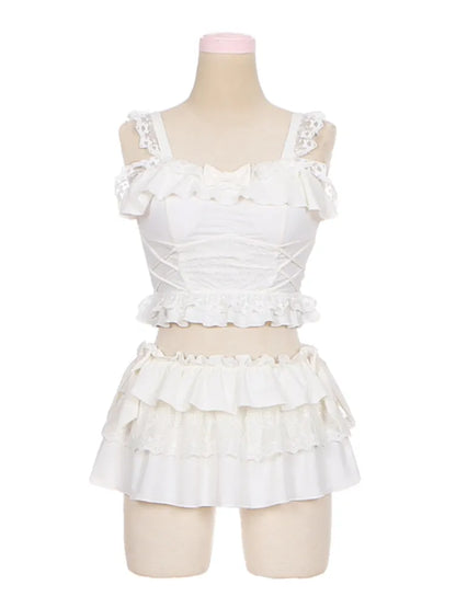 詳細 ティアードトリム ホワイト リボンフリルスカート + トップ 水着