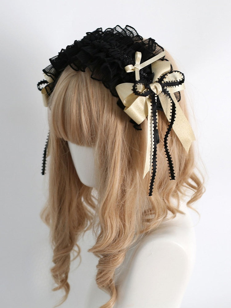 Details Ruffled Hairband Sweet Bowknot BlackGold Polka-dot Lolita Pattern