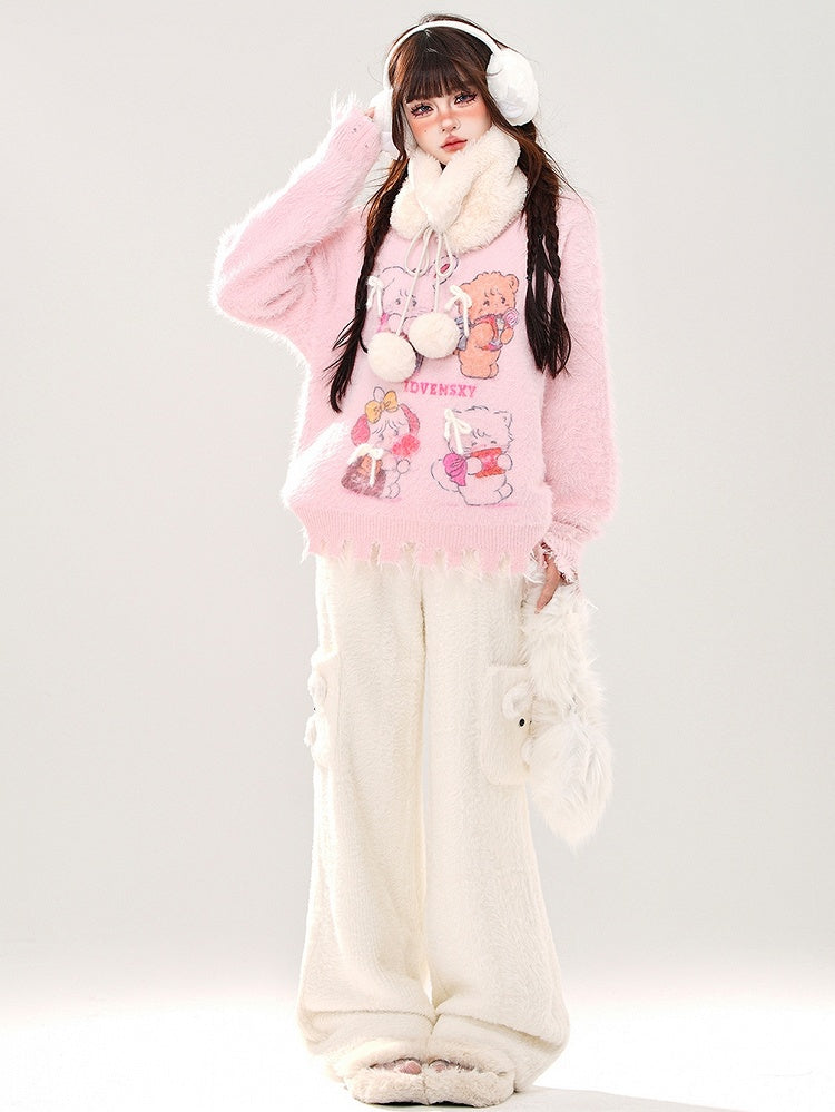 Weiß/Rosa süßer Mohair-Pullover mit Distressed-Besatz und Kätzchen und Bär