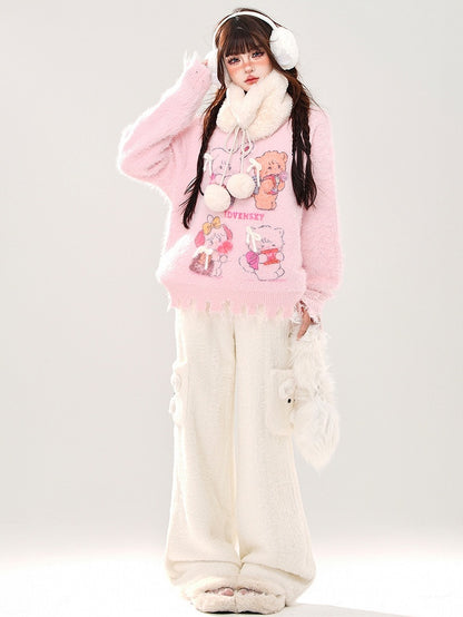 Weiß/Rosa süßer Mohair-Pullover mit Distressed-Besatz und Kätzchen und Bär