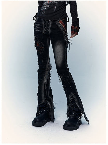 ブラック スプリットカフス ダメージ加工 フレアジーンズ レースアップ