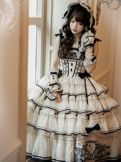 Swan-Embroidered Ruffled JSK Dress in Beige & Black - U.Rtto