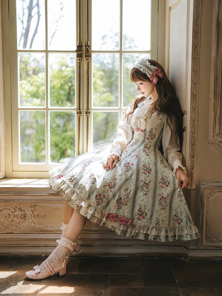 Light Green Floral Print Classic Bustier JSK Dress with Back Lace-Up - Miss Cube Dressworks