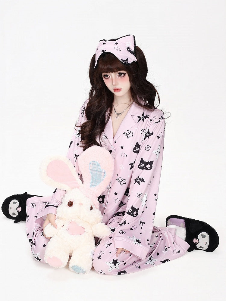 Kawaii Kitty and Star Print Two-Piece Loungewear Set in Pink - CRAZY GIRL