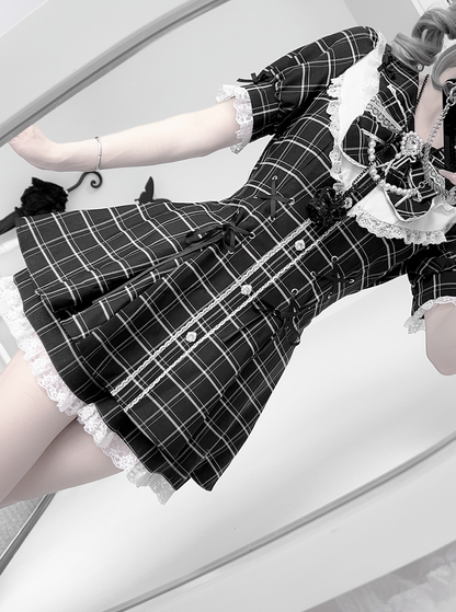 ミニドレス+ショーツ ジライ ブラック レースアップ チェック柄 セット 装飾ディテール ケイウエスト ラインストーン