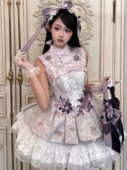 Strapless Floral Lace Layered Lolita Gown - Yimu Walnut