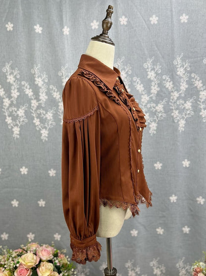 コーヒー色のエレガントなポインテッドカラーの長袖シャツ