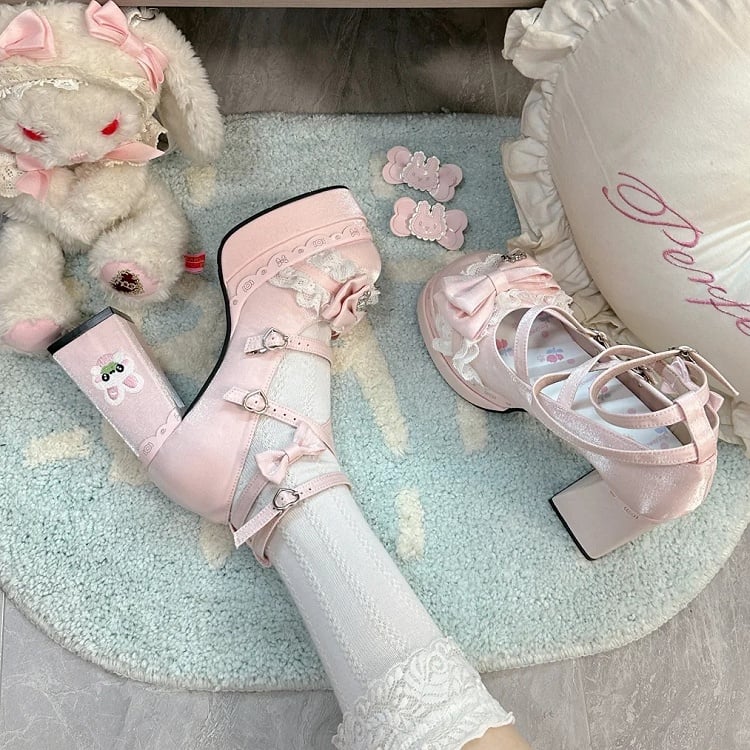 Pink with Lolita - Satin High Block Accents Sweet Bow Platforms Heel