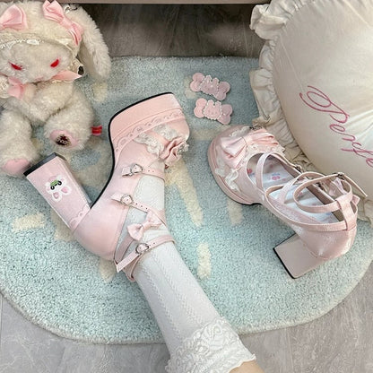 Pink with Lolita - Satin High Block Accents Sweet Bow Platforms Heel
