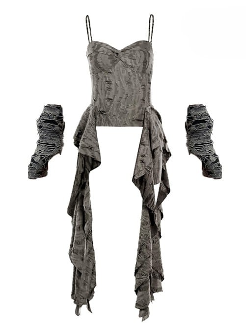 手袋 グレー ビタースイート アクセント トップ ラッフル カスケード + ディストレストディテール キャミソール