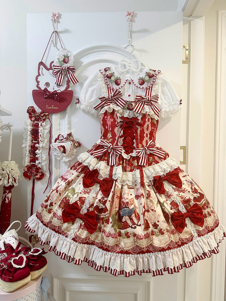 Strawberry Collar Embroidery Red Blouse White Sleeves Short