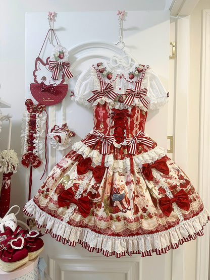 Strawberry Collar Embroidery Red Blouse White Sleeves Short