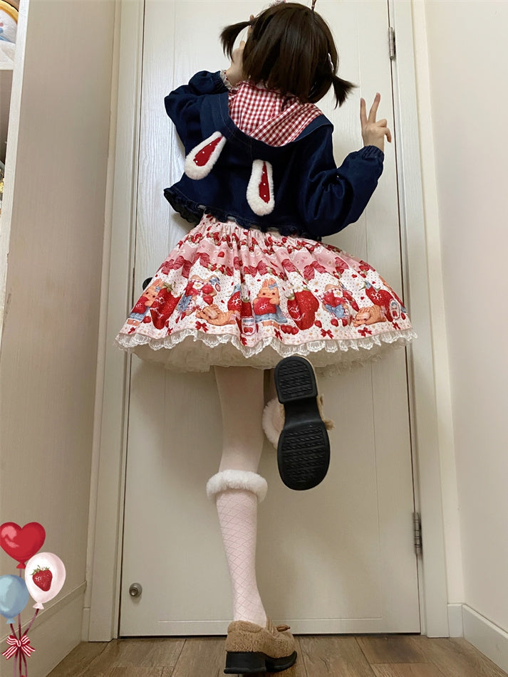 Spring Strawberry and Rabbit Print Big Bow Rabbit Ears Design Light Pink Sweet Lolita Overall Dress