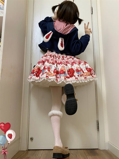Spring Strawberry and Rabbit Print Big Bow Rabbit Ears Design Light Pink Sweet Lolita Overall Dress