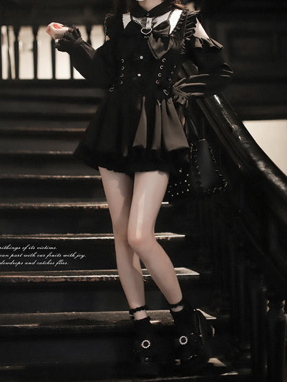 Bubble Jirai with Shoulder Dress - Long Waist Sleeve Lace-Up Cutout Kei Black