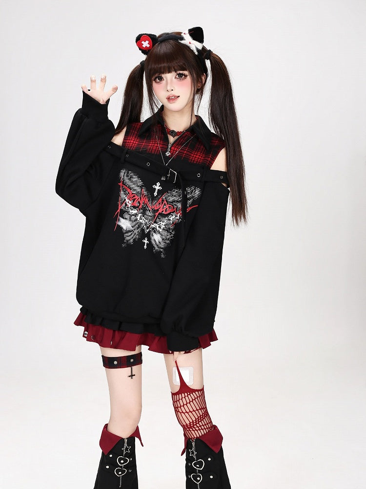 Hot Girl Style Cold Shoulder Sweatshirt with Pixel Butterfly Print in Red and Black Plaid Faux Two-Piece - CRAZY GIRL